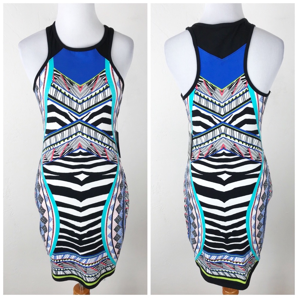 Express Multicolor Zebra-Print Bodycon Dress with Blue Accents